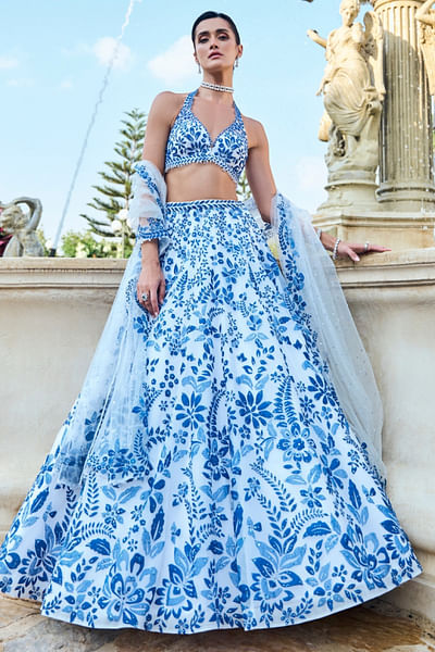 Blue floral appliqued lehenga set