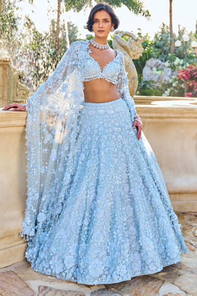 Powder blue 3D floral embroidered lehenga set