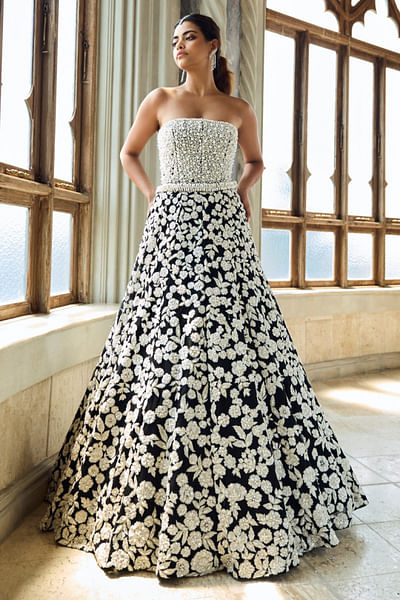 Black floral pearl embroidered lehenga set