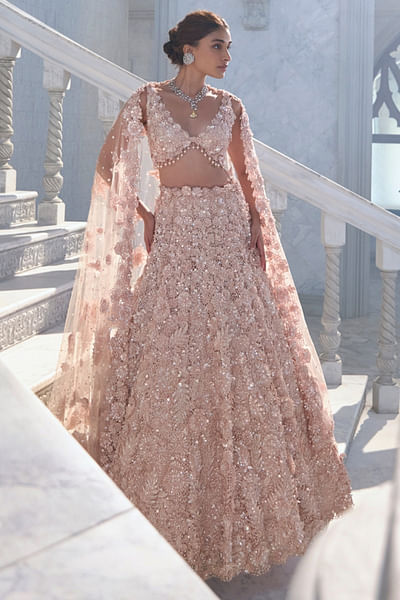 Peach 3D floral cutwork embroidery lehenga set