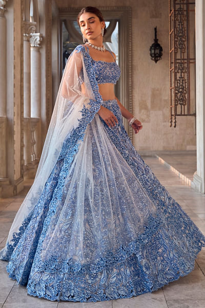 Blue floral cutwork embroidered lehenga set