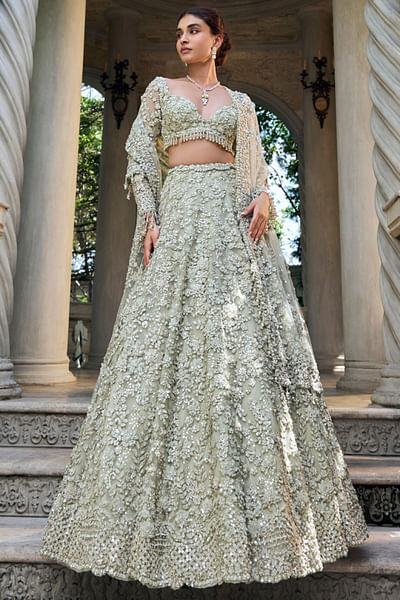 Sage green 3D floral embroidery lehenga set