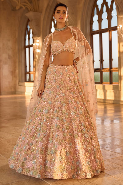Multicolour 3D floral embroidery lehenga set