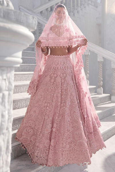 Pink 3D floral cutwork embroidery lehenga set