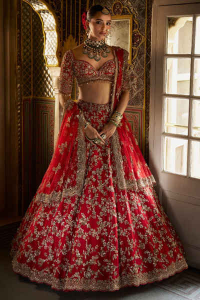 Red zardozi and sequin embroidered lehenga set