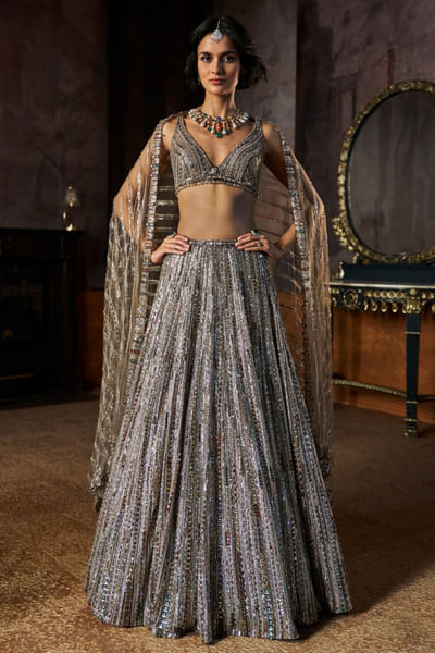 Charcoal crystal-stone embroidered lehenga set