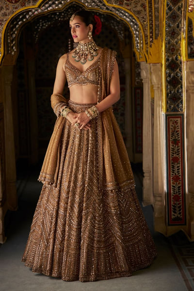 Copper gold crystal embroidered lehenga set