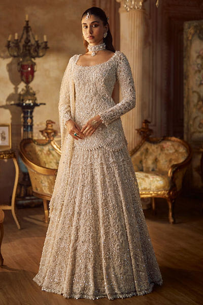 Ivory pearl embroidered lehenga set
