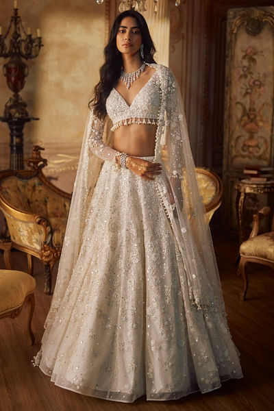 Ivory floral pearl embroidered lehenga set