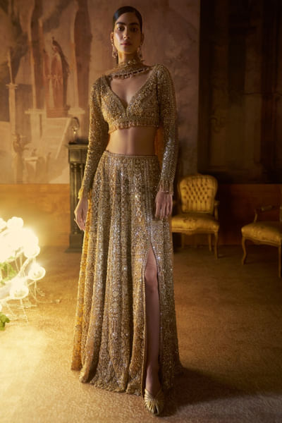 Gold geometric tonal embroidered lehenga set