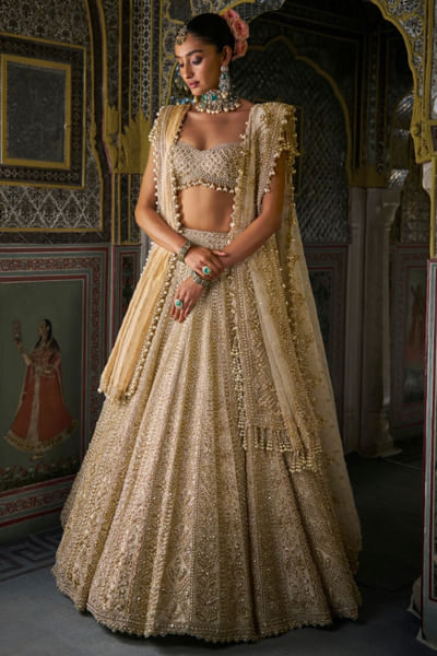 Ivory and gold zardozi embroidered lehenga set