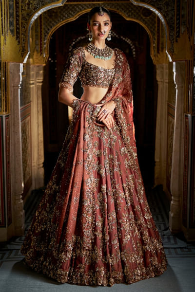 Antique gold and bronze embroidery lehenga set