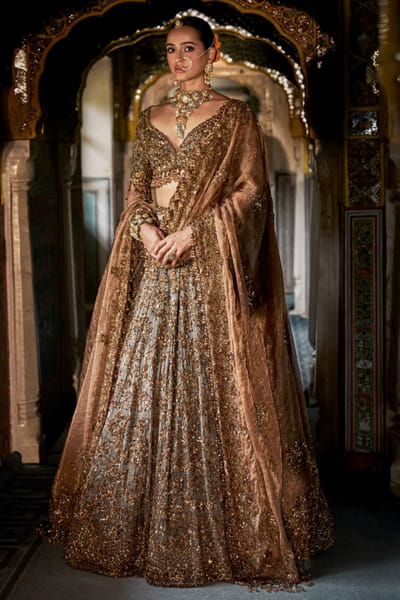 Seema Gujral Copper jade sequin embroidered lehenga set SEESEP25D232931