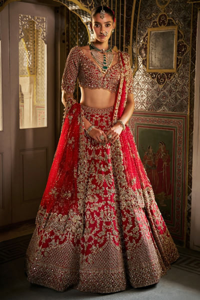 Red crystal-zardozi embroidered lehenga set