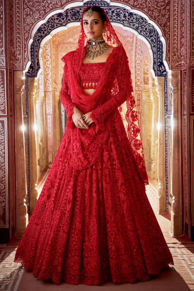 Red sequin and crystal embroidered lehenga set