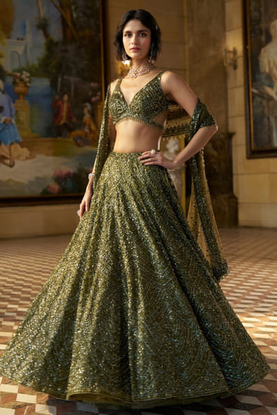 Moss green sequin embroidered lehenga set