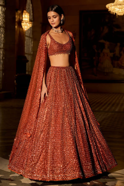 Copper crystal embellished lehenga set