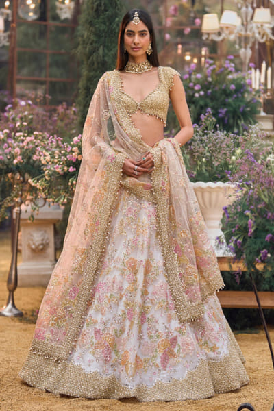 Multicoloured applique embroidered lehenga set