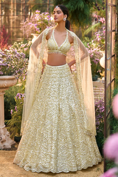 Lemon yellow embroidered lehenga set