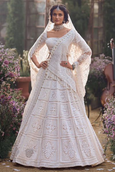 Nude geometric embroidered lehenga set