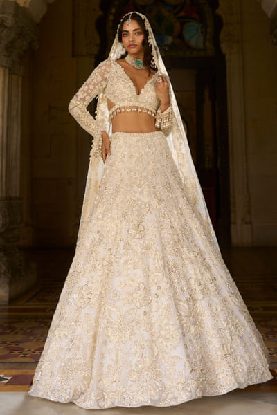 Ivory pearl embellished lehenga set