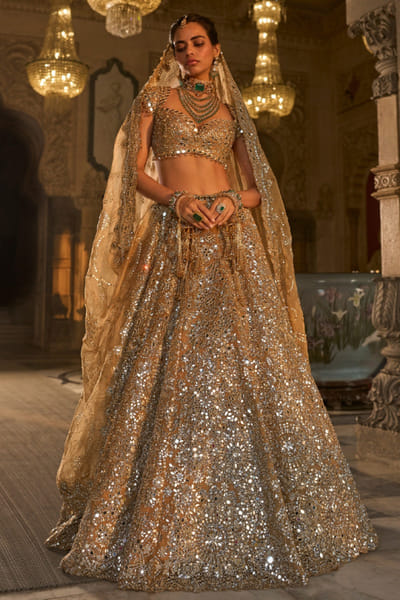 Gold mirror embroidered lehenga set