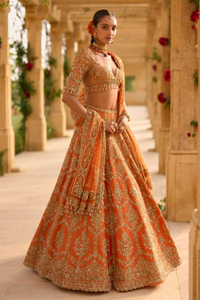 Seema Gujral Burnt orange zardozi embroidered lehenga set SEEMJUL26D149089