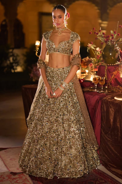 Seema Gujral Antique gold jewel embellished lehenga set SEEMJUL26D149097