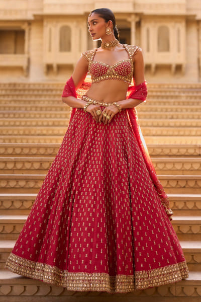 Seema Gujral Dark red crystal embellished lehenga set SEEMJUL26D149091
