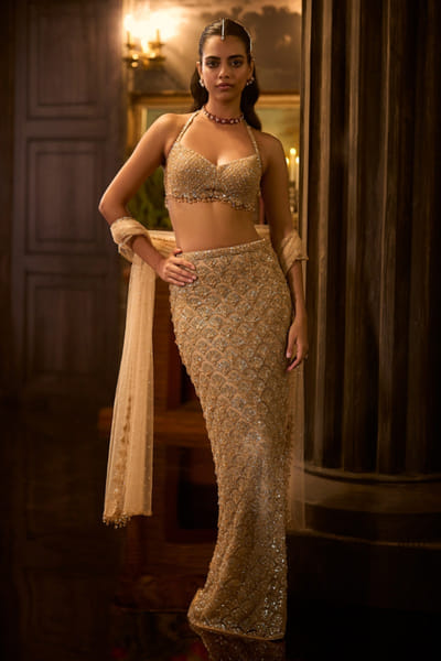 Seema Gujral Light gold sequin embroidered skirt set SEEMAUG26D153219