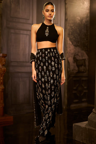 Seema Gujral Black crystal embellished skirt set SEEMAUG26D153220