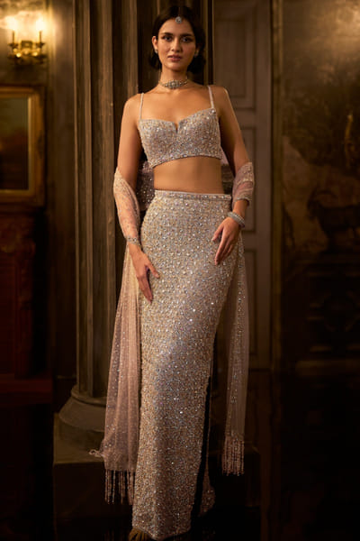 Seema Gujral Silver and gold crystal embroidered skirt set SEEMAUG26D153221