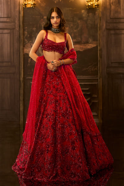 Seema Gujral Red floral sequin embroidered lehenga set SEEMAUG26D153206