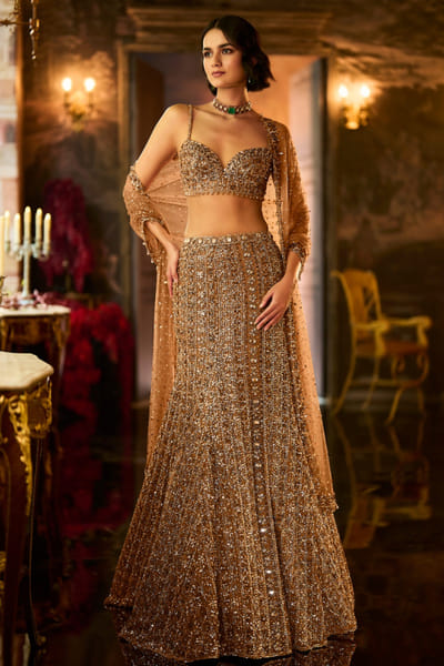 Seema Gujral Antique gold crystal embroidered skirt set SEEMAUG26D153200