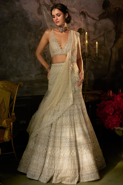 Seema Gujral Champagne sequin embroidered skirt set SEEMAUG26D153216