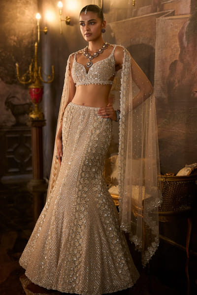 Seema Gujral Champagne floral sequin embroidered skirt set SEEMAUG26D153212