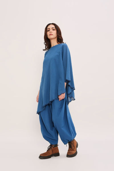 Blue asymmetric tunic and baggy pant set