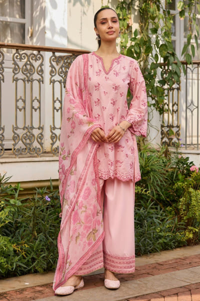 Mulmul Pink print embroidered kurta set MULMJUL26D149354