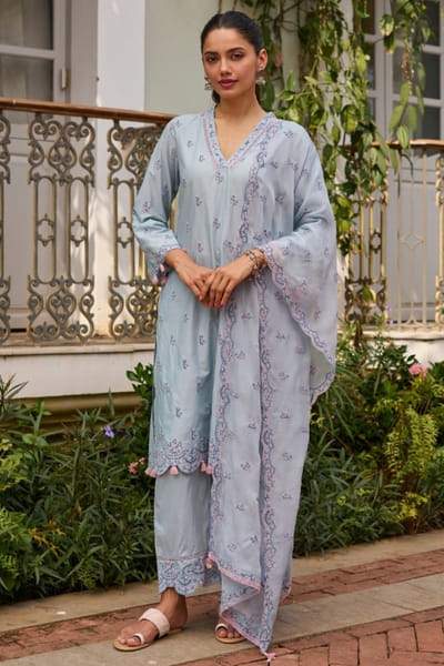 Mulmul Blue floral printed cotton kurta set MULMJUL26D249706