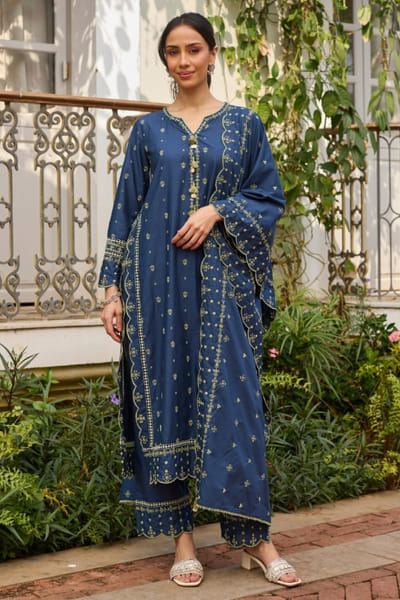 Mulmul Navy blue printed kurta set MULMJUL26D249704