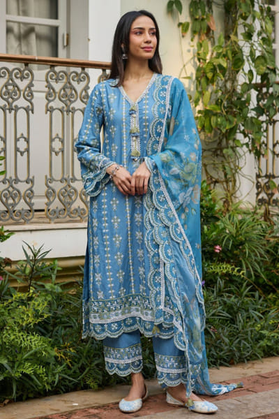 Mulmul Steel blue print embroidered kurta set MULMJUL26D149382
