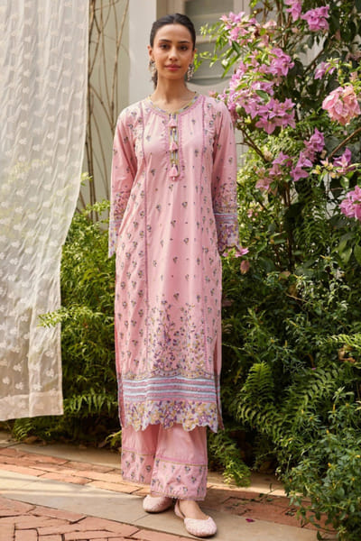 Mulmul Pink floral print cotton kurta set MULMJUL26D249711