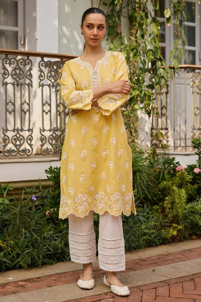 Mulmul Yellow printed cotton kurta set MULMJUL26D249687