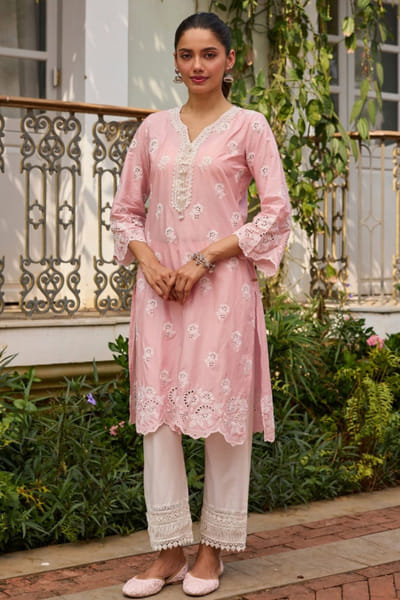 Mulmul Pink motif printed cotton kurta set MULMJUL26D249691