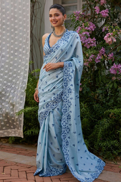 Mulmul Blue floral printed cotton sari set MULMJUL26D249715