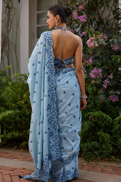 Mulmul Blue floral printed cotton sari set MULMJUL26D249715