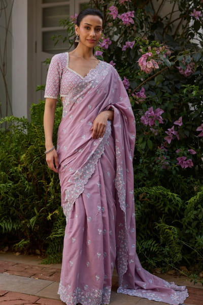 Mulmul Lilac floral printed cotton sari set MULMJUL26D249714
