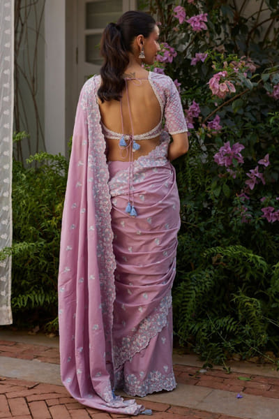 Mulmul Lilac floral printed cotton sari set MULMJUL26D249714