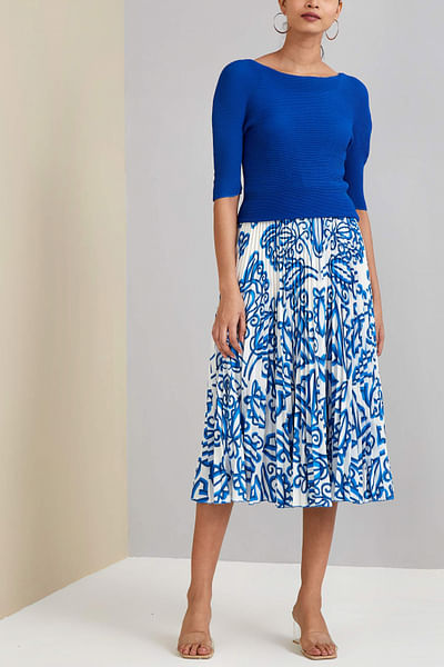 Royal blue pleated satin skirt and top