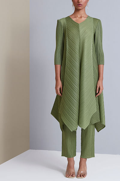 Green V neck tunic and pants